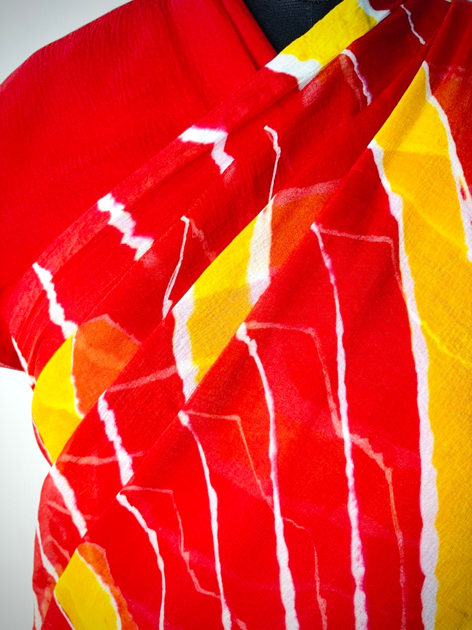 Red Pure Chiffon Hand Bandhej Lehriya Saree