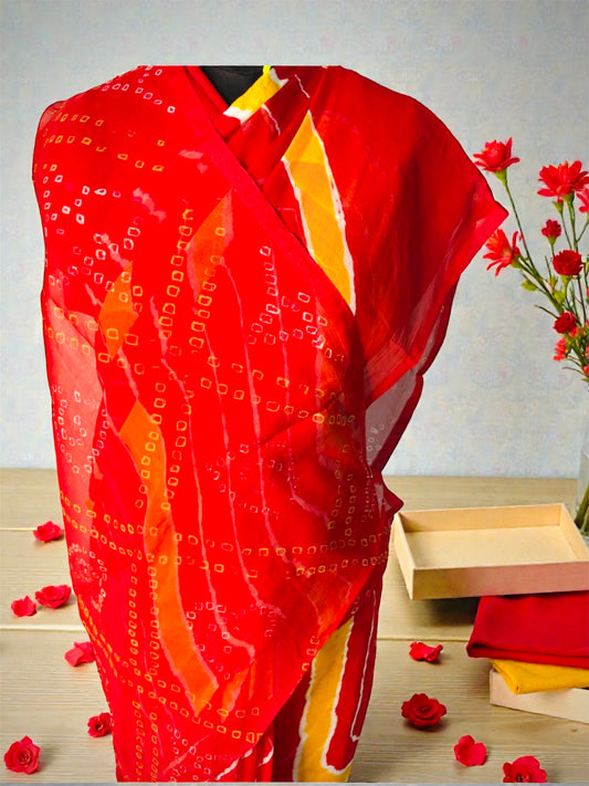 Red Pure Chiffon Hand Bandhej Lehriya Saree