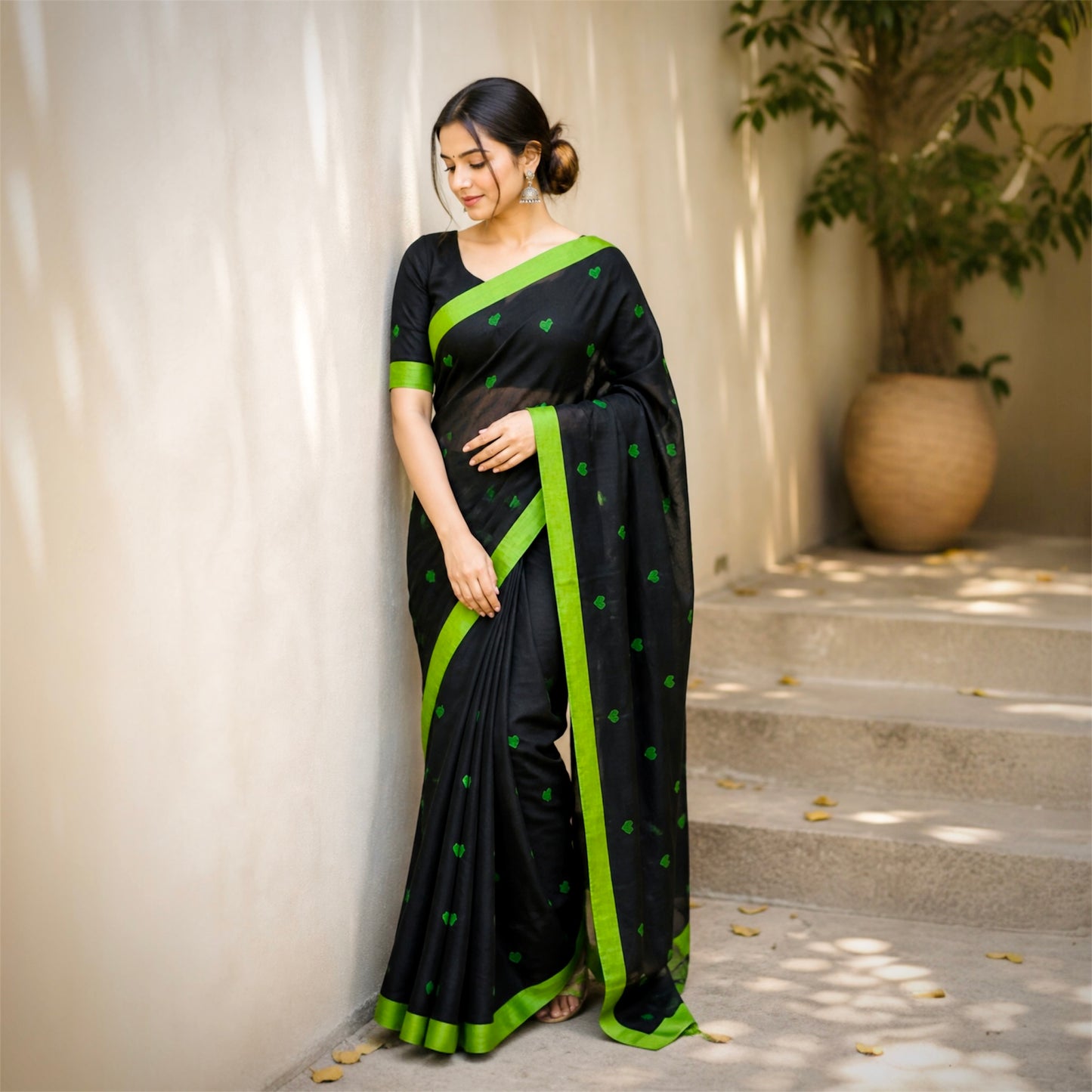 Premium Heart Mul Cotton Handloom Saree- Black
