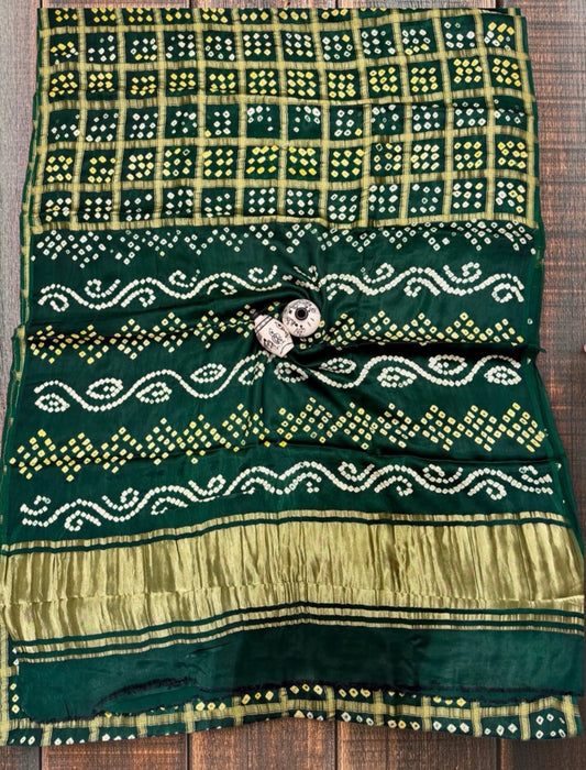 Pure Modal Silk Handloom Gharchola Bandhani Saree- Bottle Green