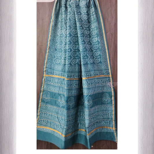 Pure Chanderi Silk Handblock Print Saree- Teal Blue