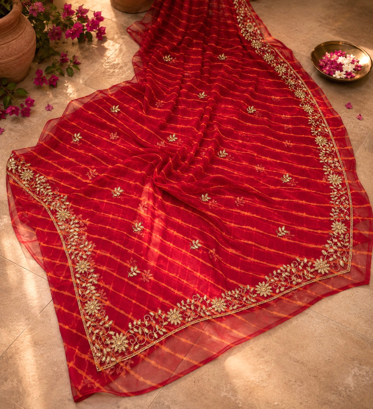 Rajputi Chiffon Hand Embroidered Lehariya Saree- Red