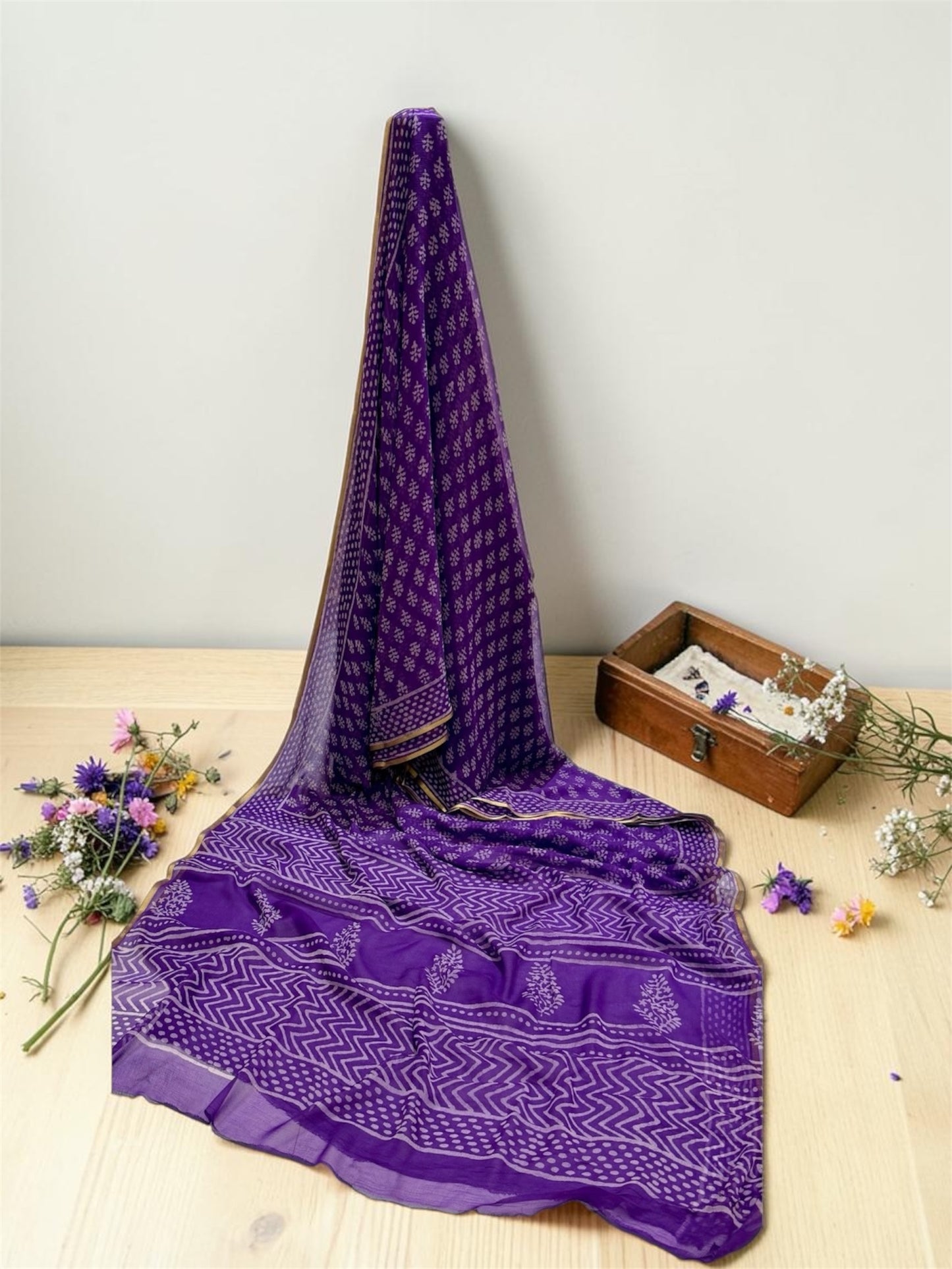 Pure Double Diamond Chiffon Handblock Print Saree- Purple