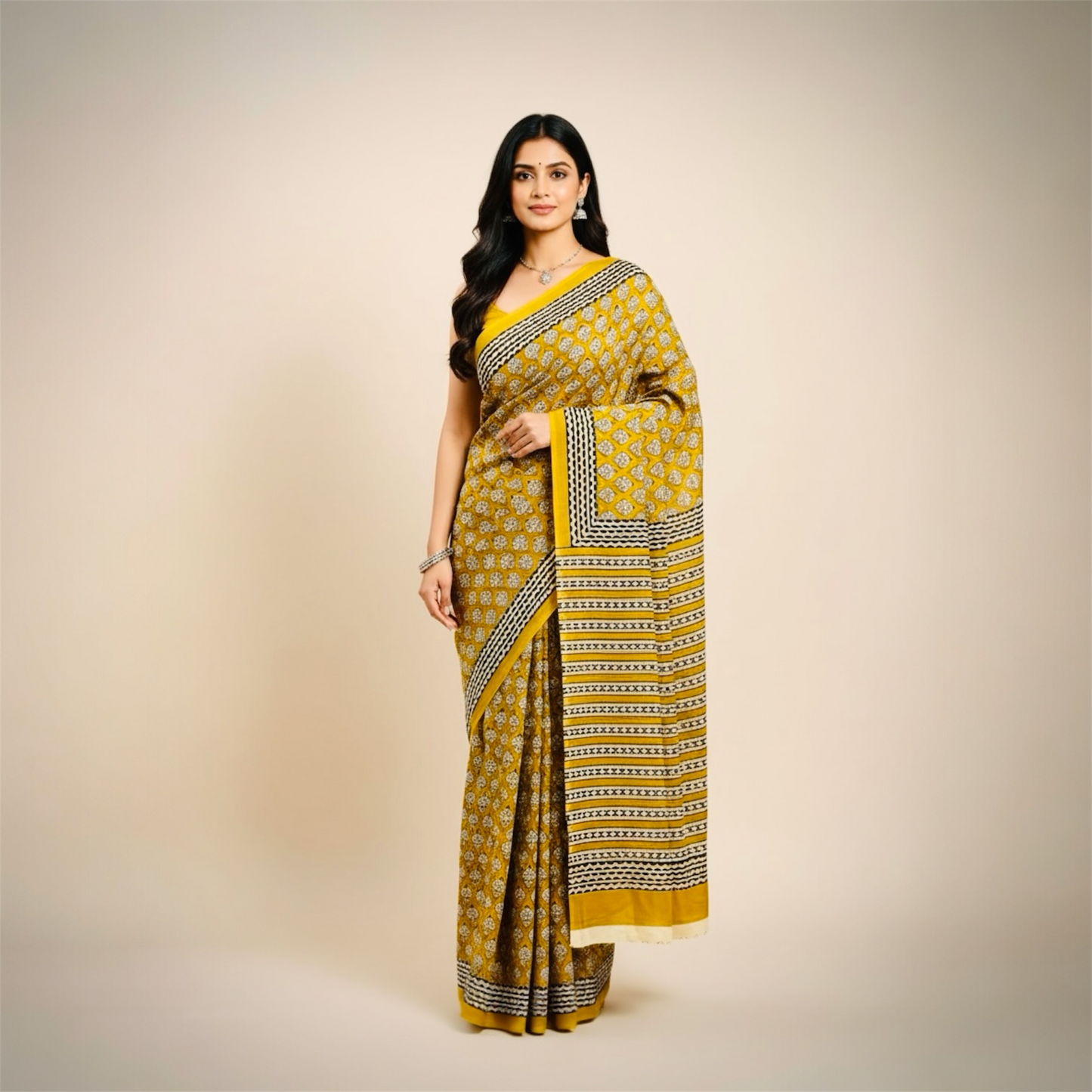 Hand Block Print Saree Mul Cotton Pure Handloom Saree- Mustard Yellow
