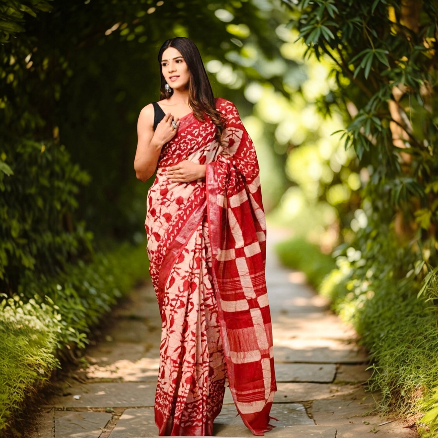 Hand Block Print Pure Linen Cotton Handloom Saree- Deep Red