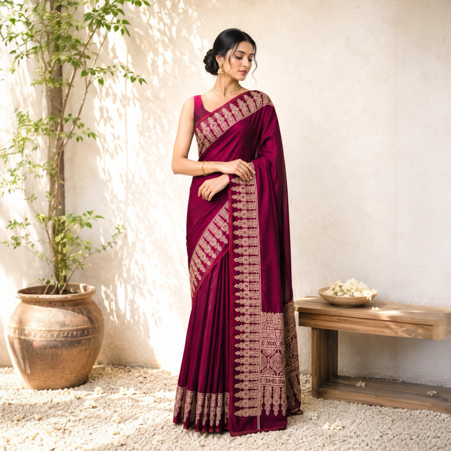 Pure Modal Silk Ajrakh Saree- Maroon
