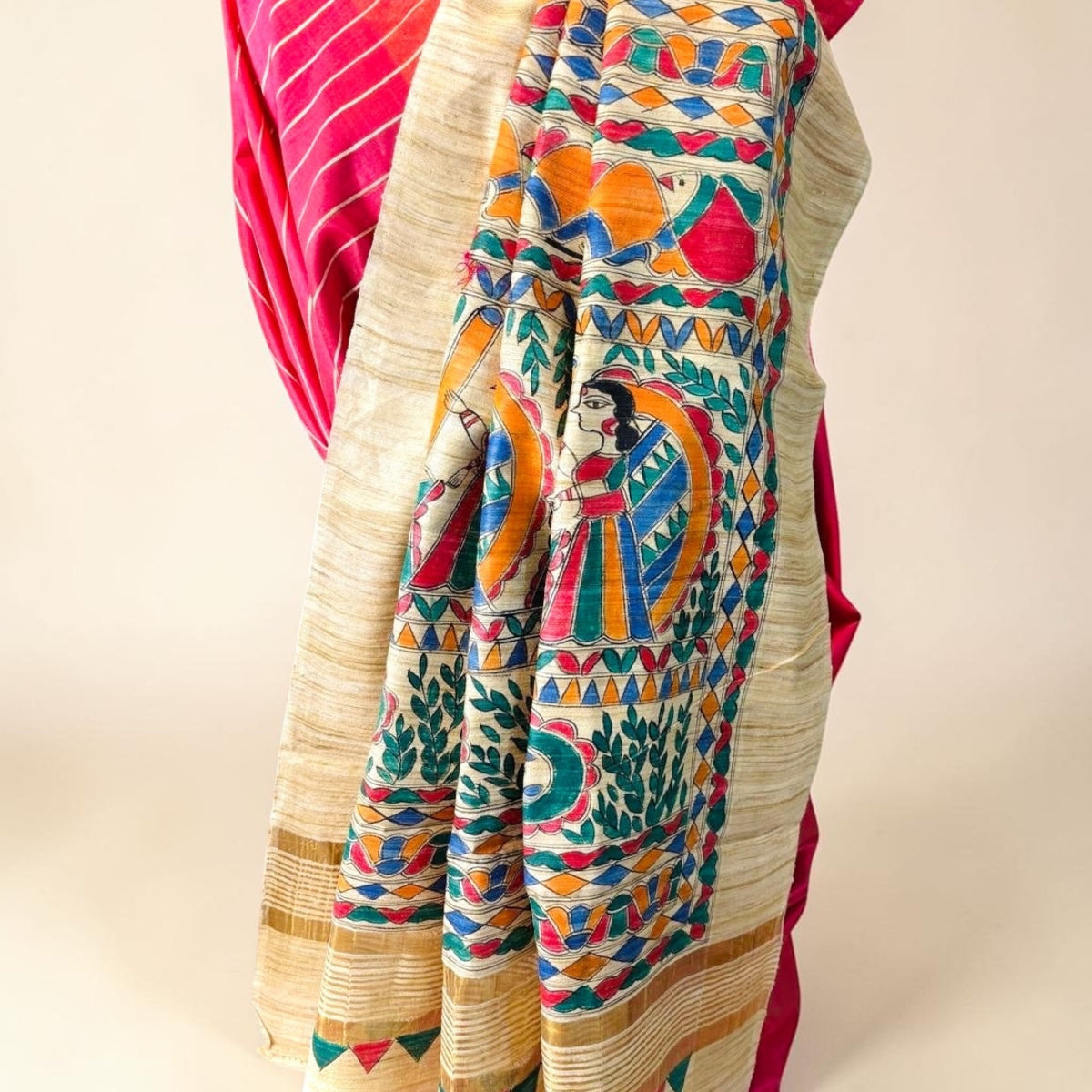 Rani Pink Pure Bapta Silk with Ghicha Madhubani work Saree