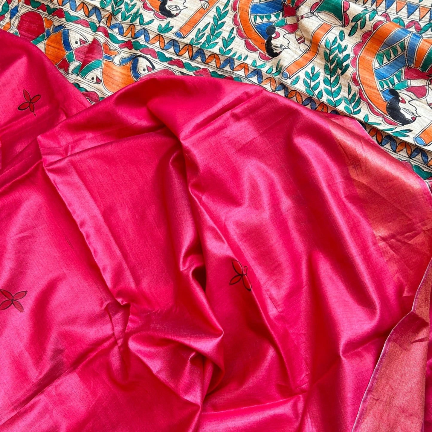 Rani Pink Pure Bapta Silk with Ghicha Madhubani work Saree
