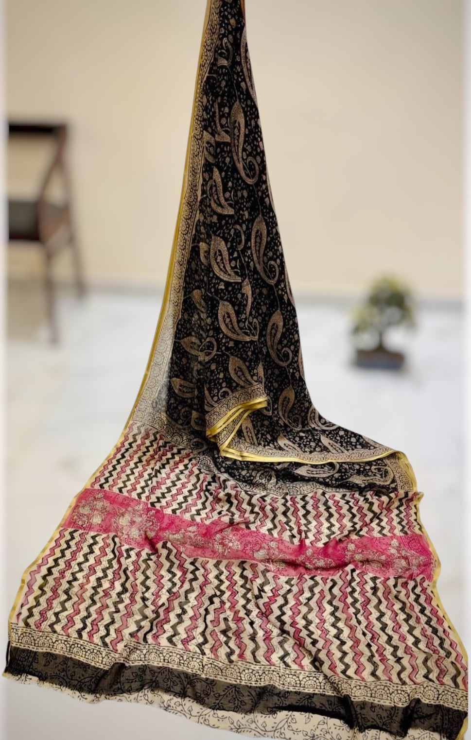 Pure Double Diamond Chiffon Handblock Print Saree- Black