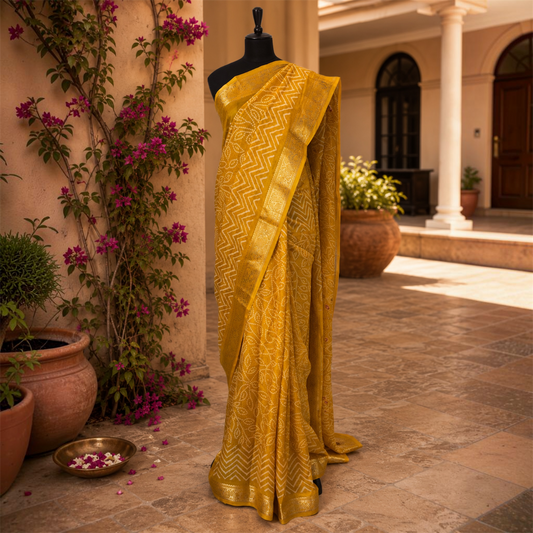 Pure Soft Organza Lehariya Saree with Banarasi border - Yellow