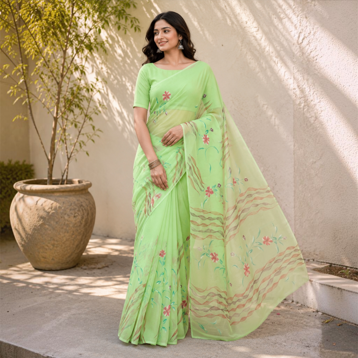 Pure Chiffon Hand Painted Saree- Pistachio Green