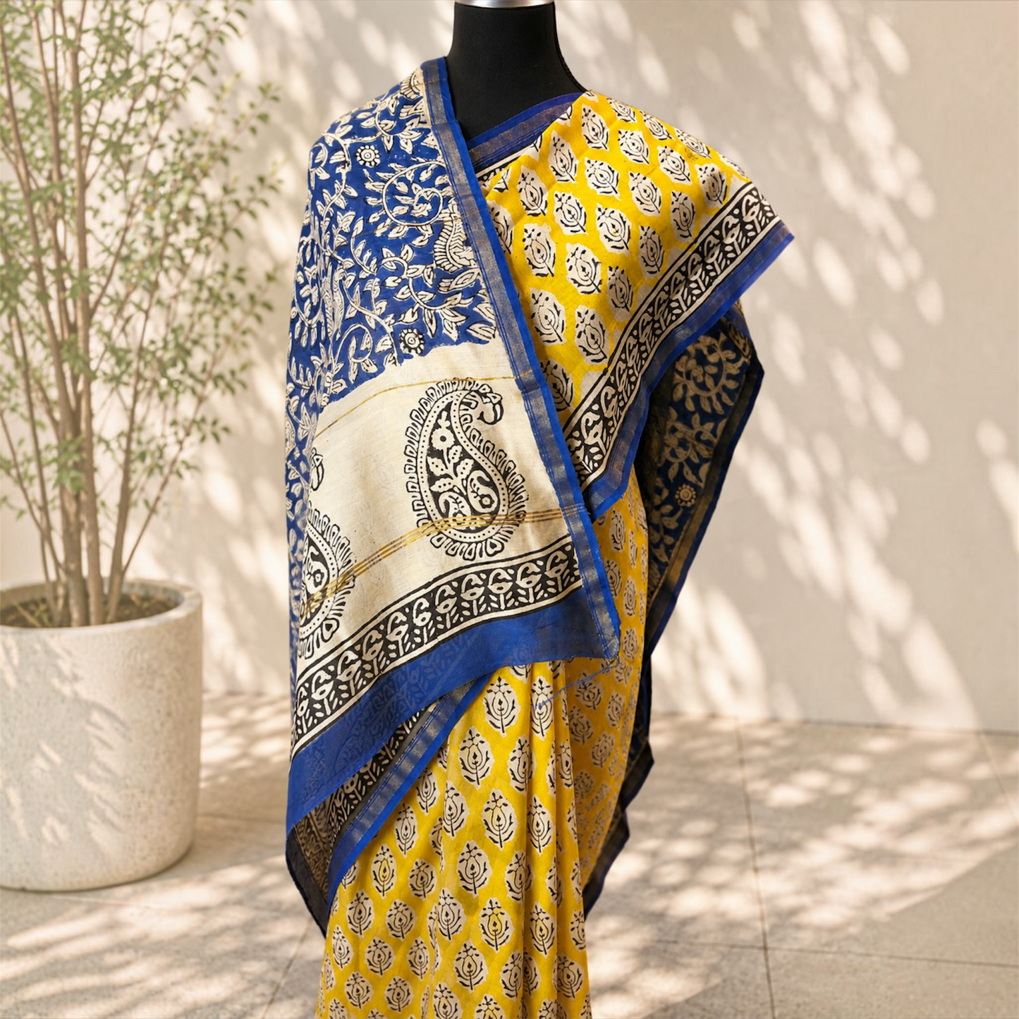 Pure Chanderi Silk Handblock Print Saree- Yellow blue