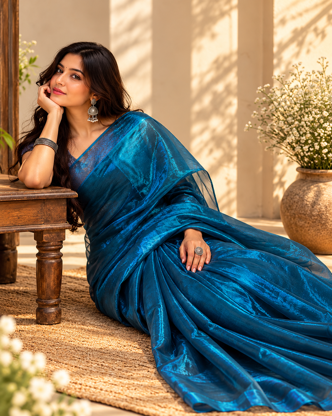 Regal Elegance Handloom Raga Tissue Cotton Saree- Peacock Blue