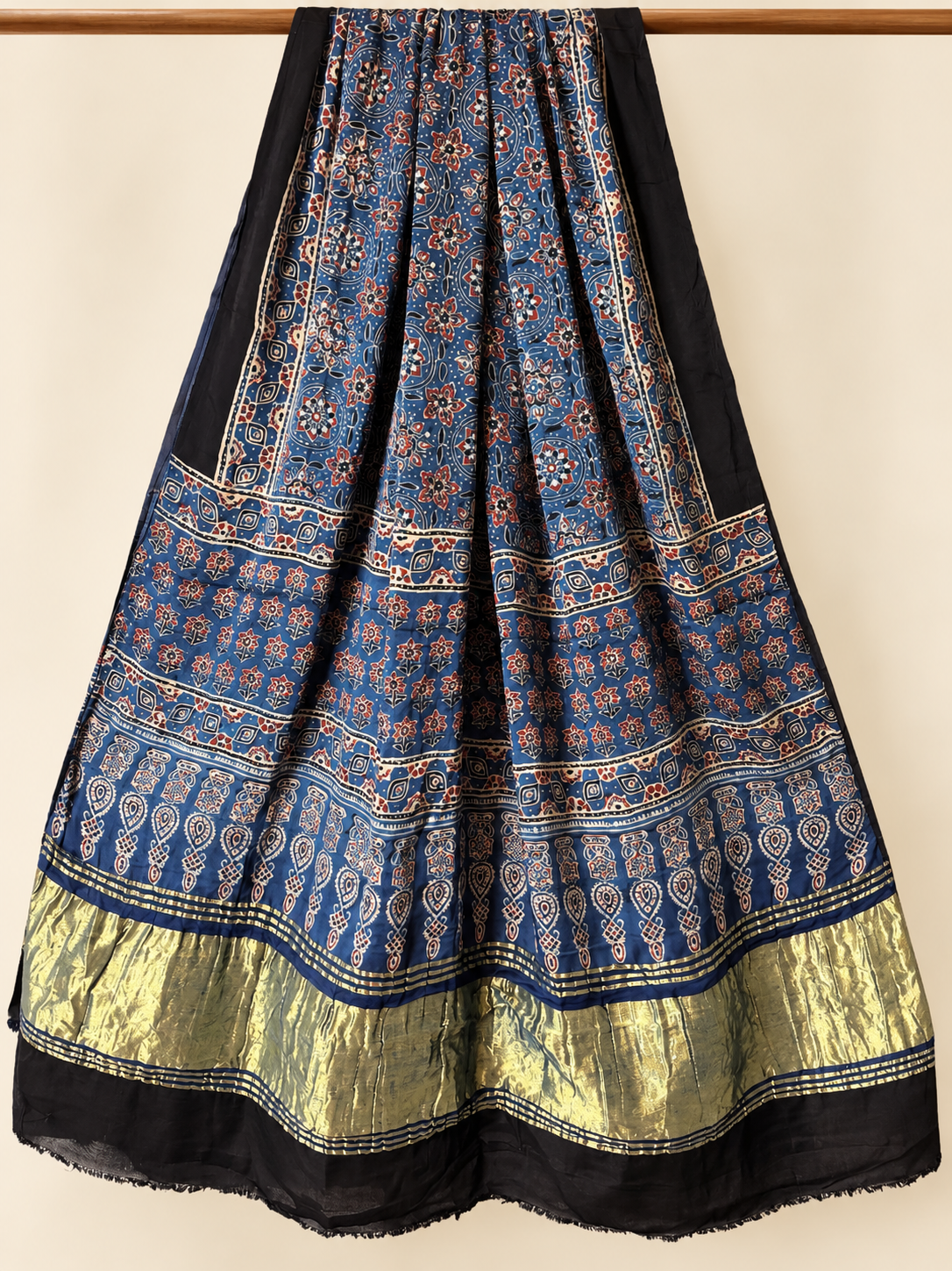Blue Ajarakh Handblock Printed Modal Silk Lagdi Patta Dupatta