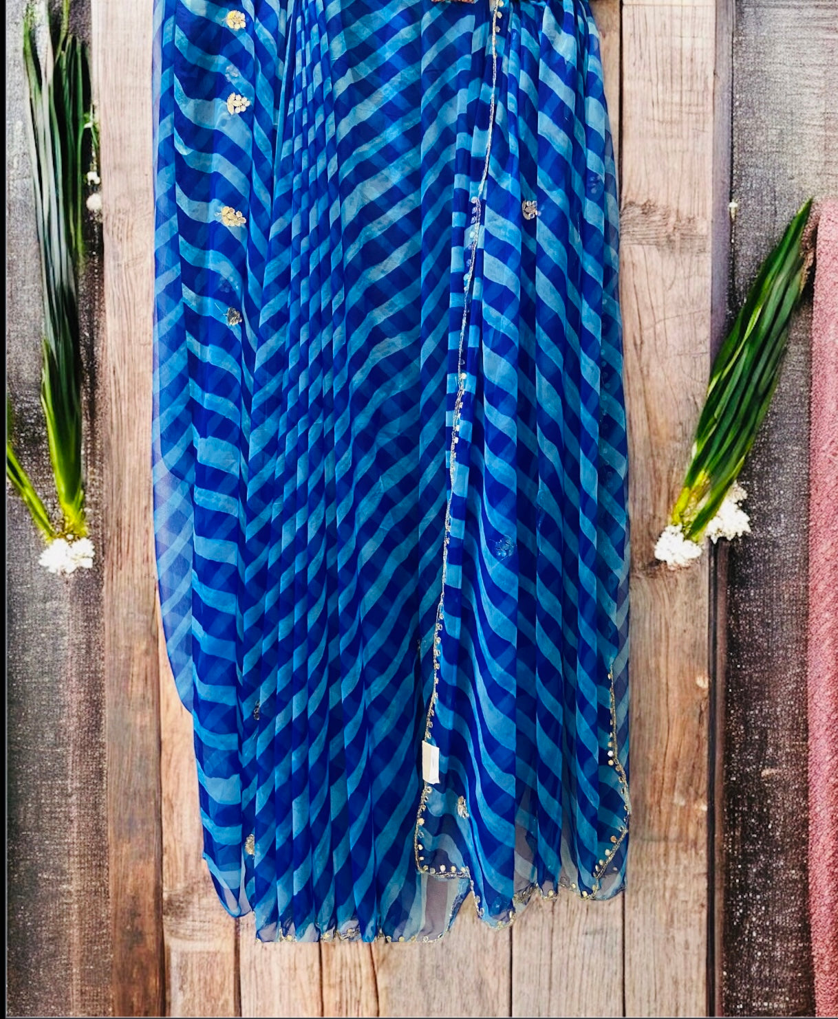 Blue Pure Chiffon Lehariya Saree with Cutdana Handwork