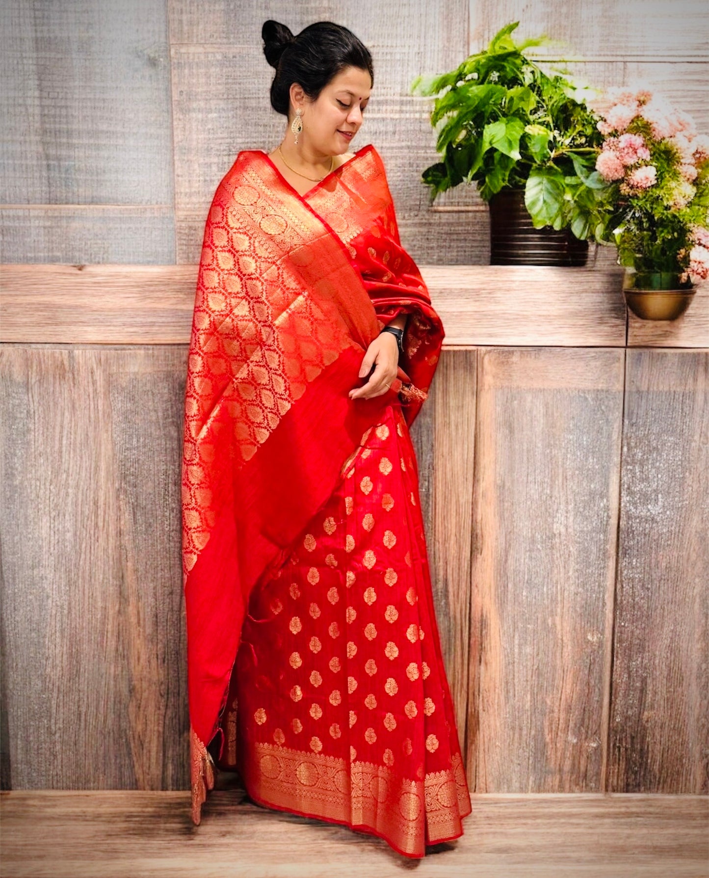 Red Handwoven Tussar Silk Saree- Gold Zari