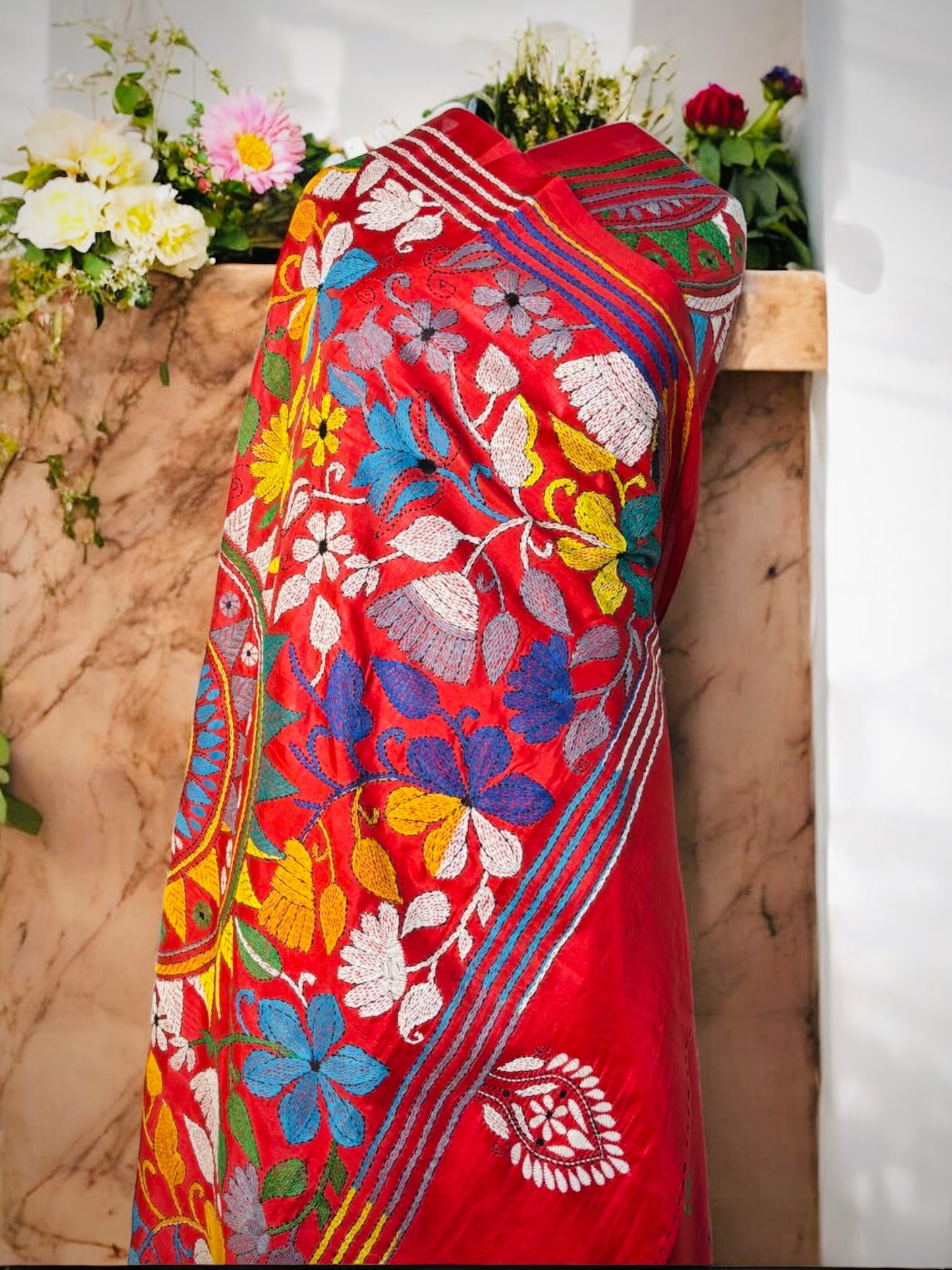 Red Traditional Pure Bangalore Silk Kantha Saree