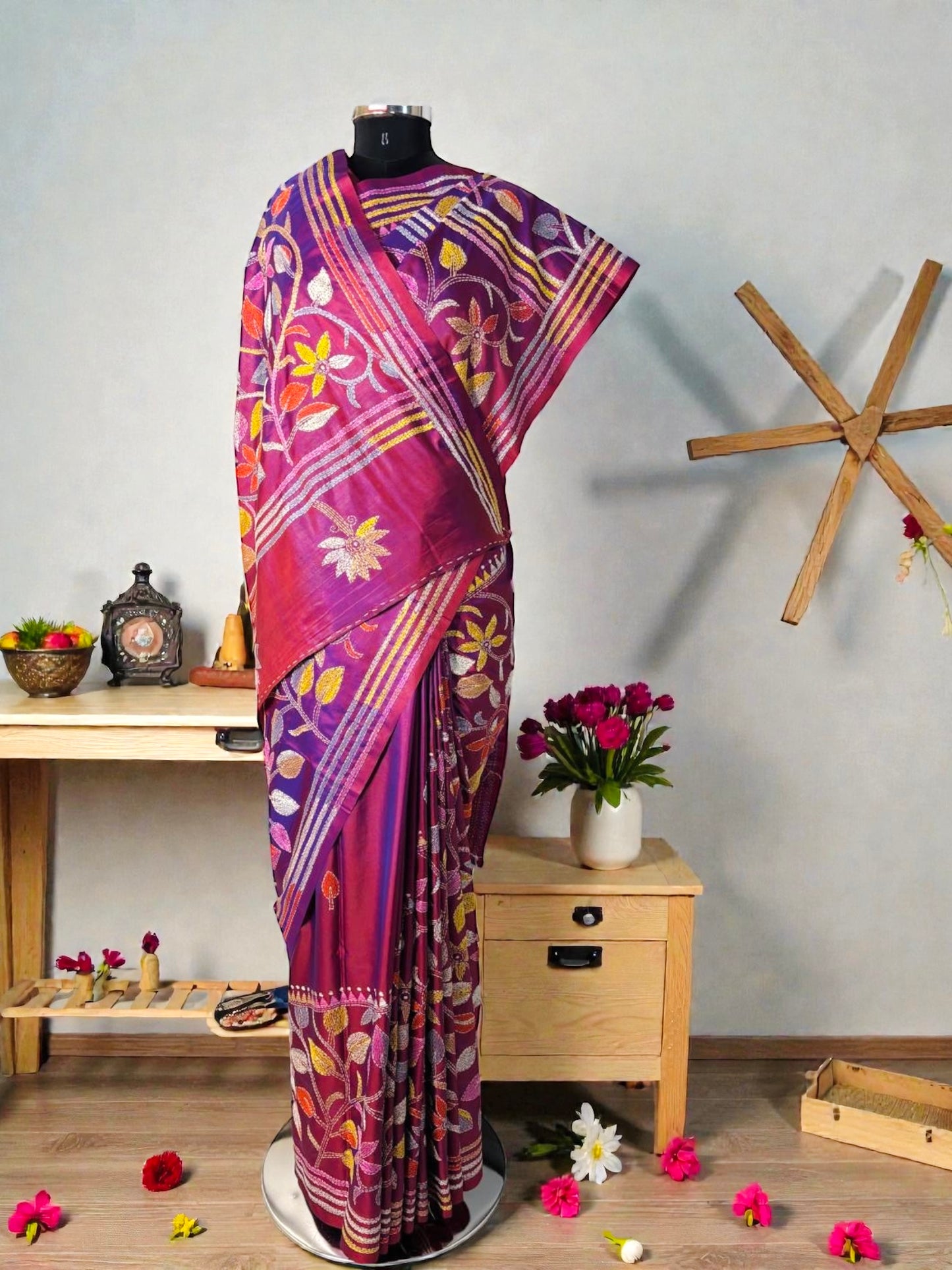 Purple Floral Pure Bangalore Silk Kantha Saree