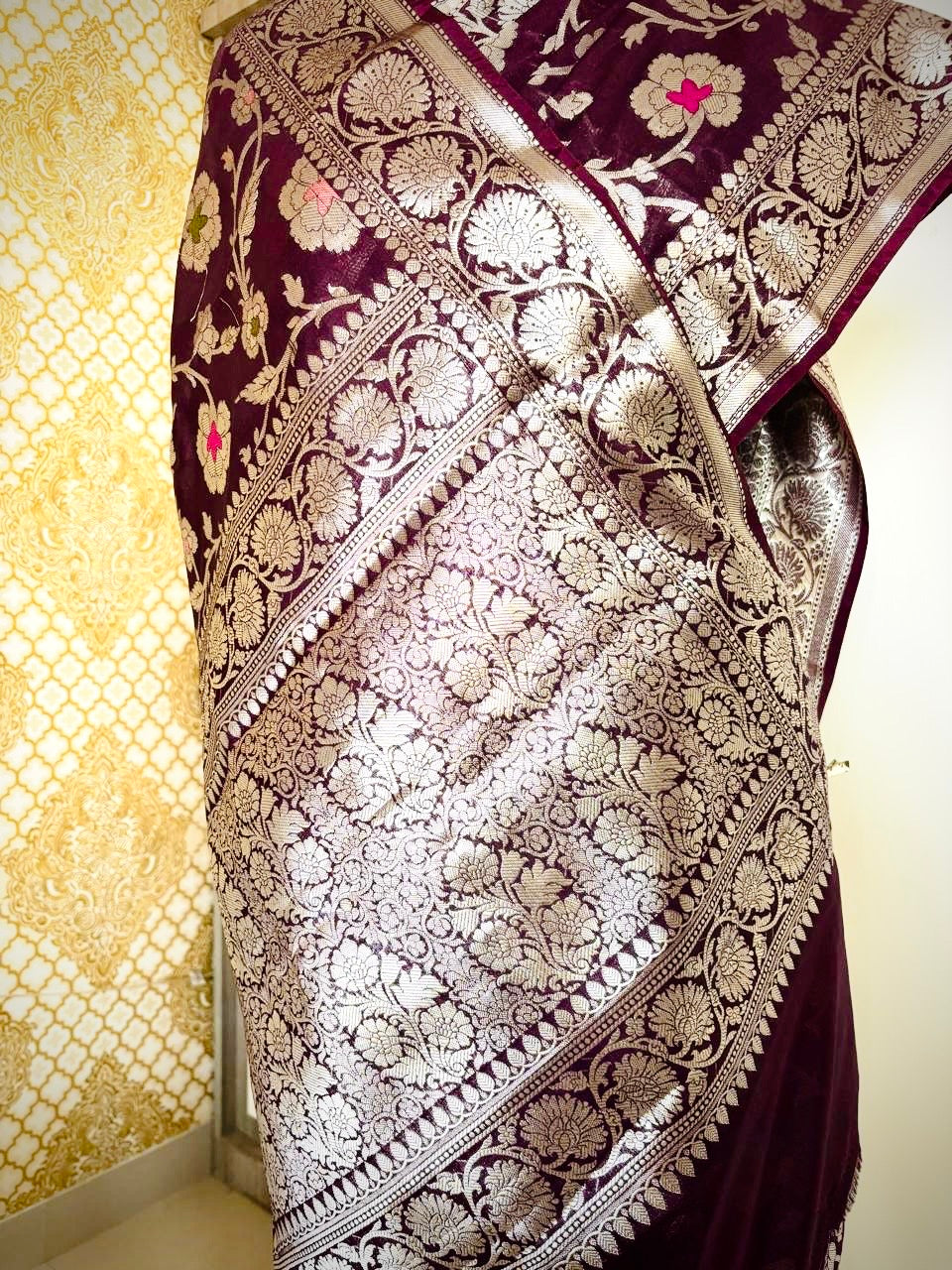 Wine Meenakari Jaal Khaddi Georgette Saree