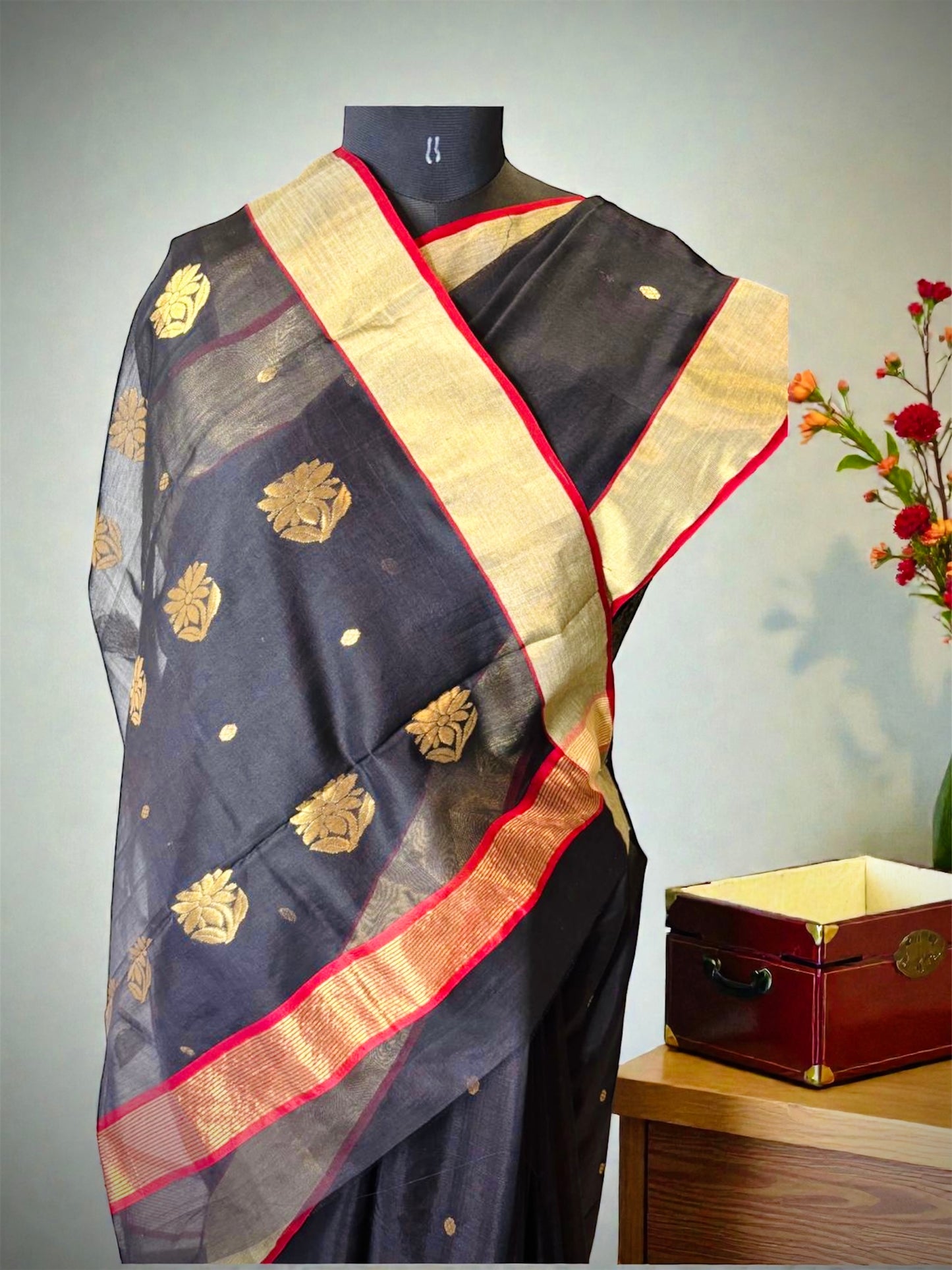 Black Pure Handloom Cotton Silk Chanderi Saree