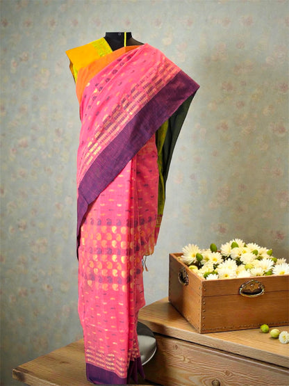 Bengal Jamadani Pure Cotton Handloom Saree- Pink