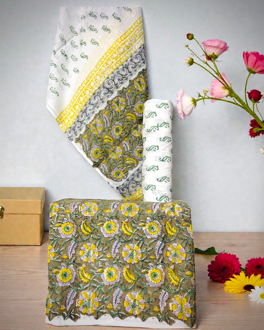 Olive Green- 3PC Cotton Unstitched Bagru Handblock Dress Material