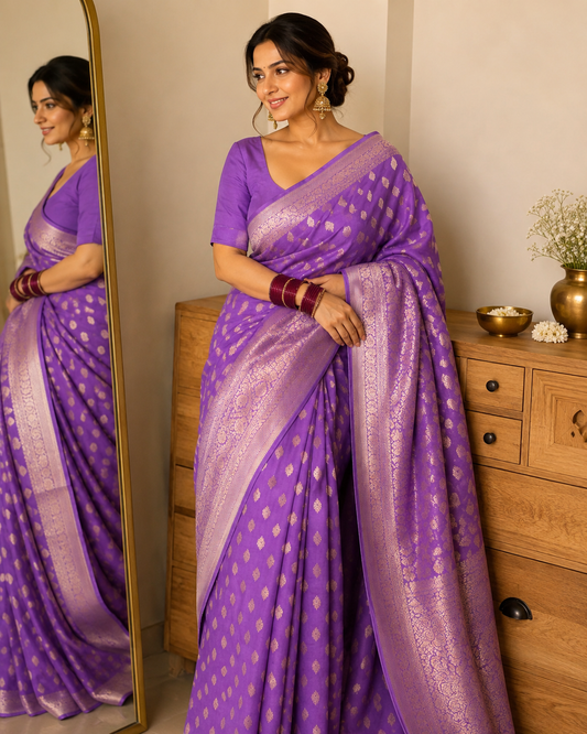 Purple Pure Handloom Khaddi Georgette Kadwa weave Banarasi Saree