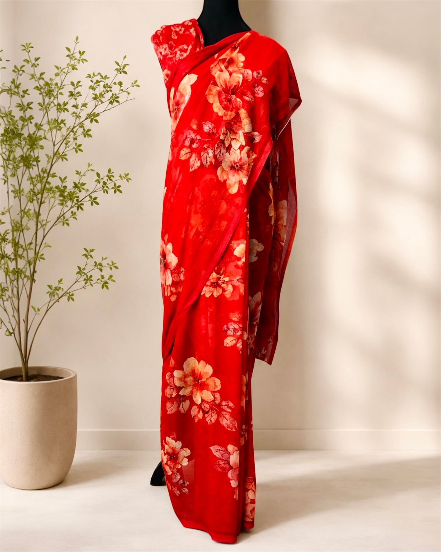 Floral Pure Chiffon Saree- Summer Edition- Red