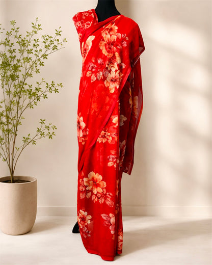 Floral Pure Chiffon Saree- Summer Edition- Red