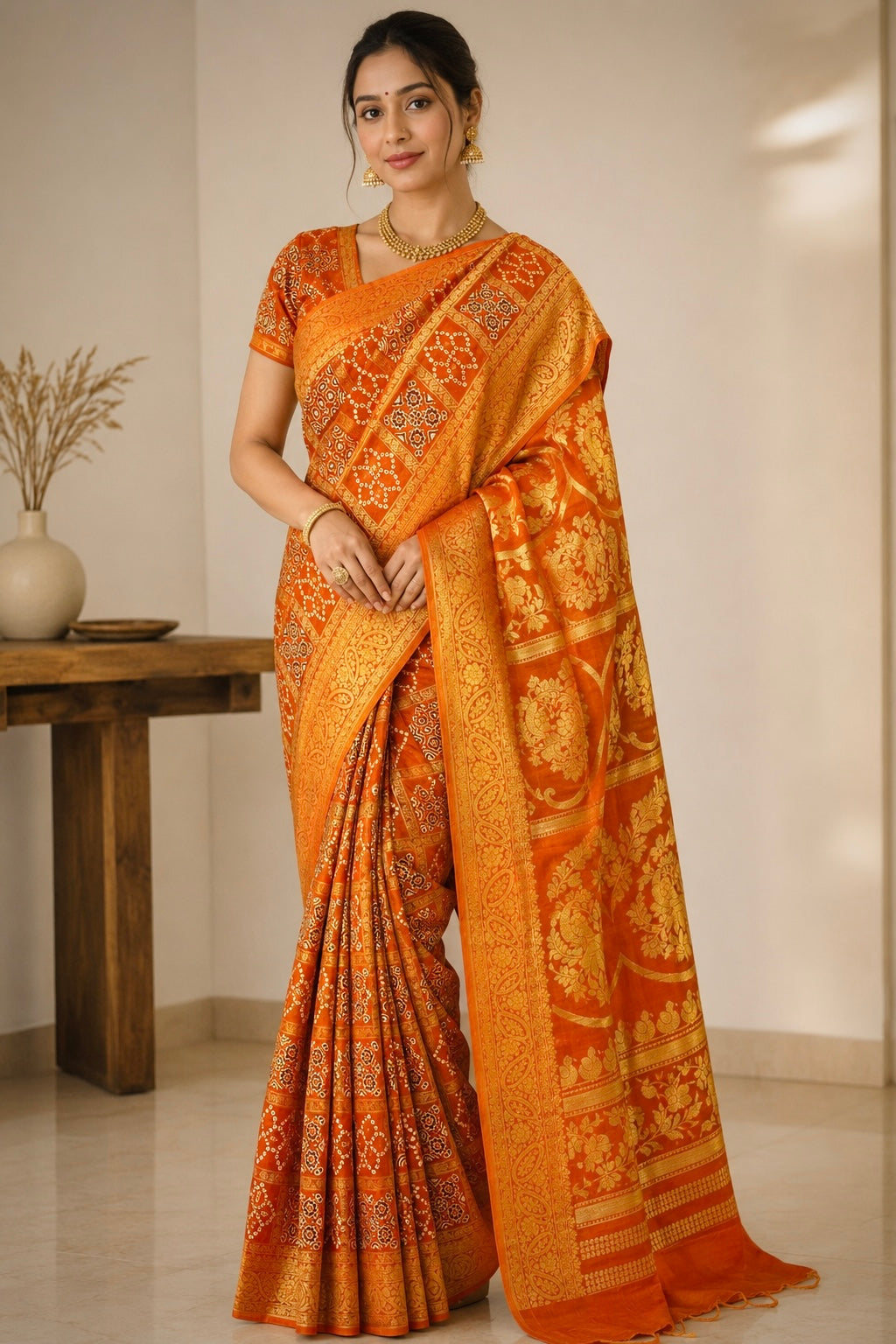 Rust Orange Premium Ajrakh Handblock Gharchola Saree with Golden Banarasi Zari Weaving