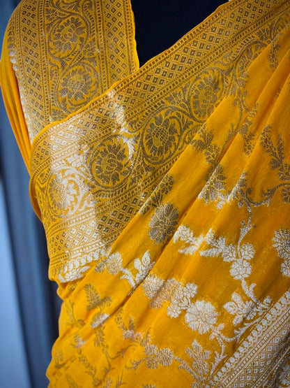 Yellow Pure Chiffon Banarasi with Floral Jaal work Saree