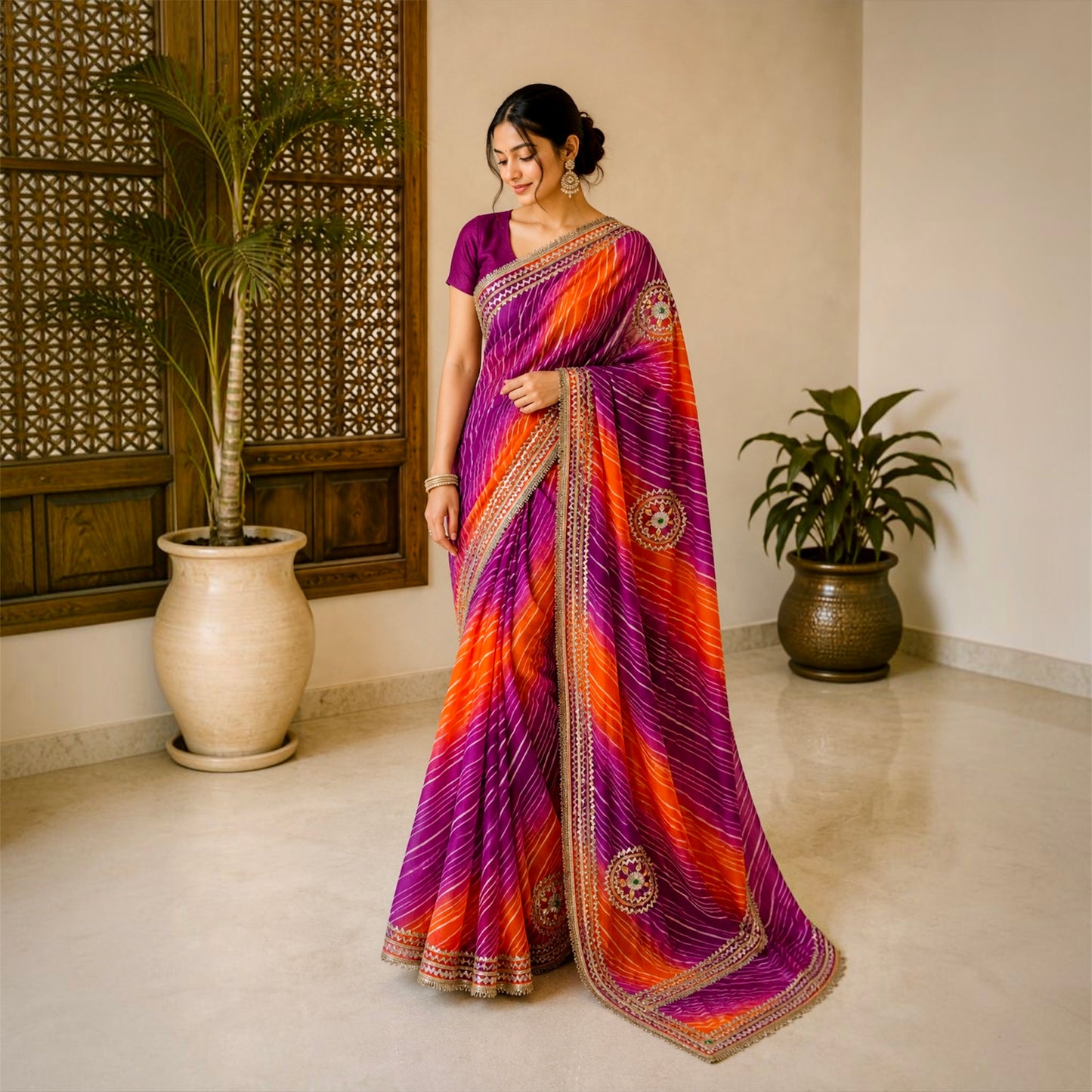 Rani Pink Rajputi Chiffon Leheriya Gotta Patti Saree