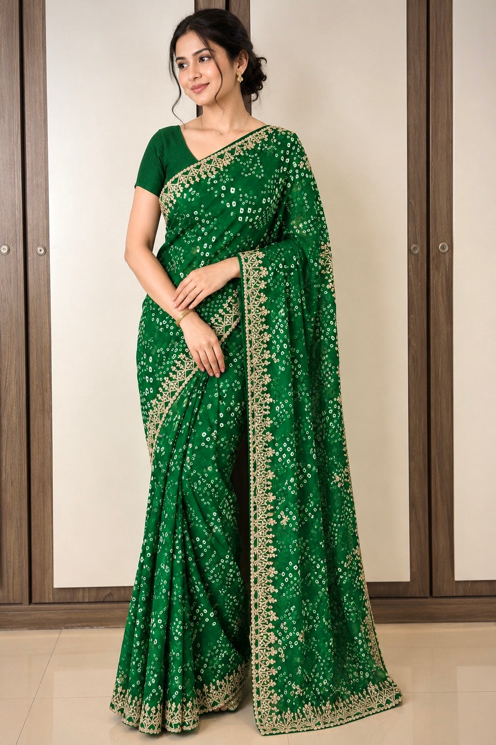 Green Pure Georgette Pittan Handwork Bandhani Saree