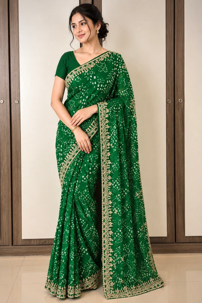 Green Pure Georgette Pittan Handwork Bandhani Saree