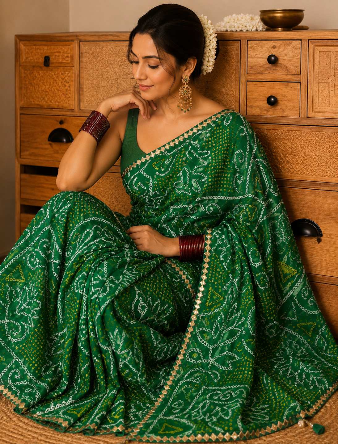 Green Chiffon Bandhani Saree