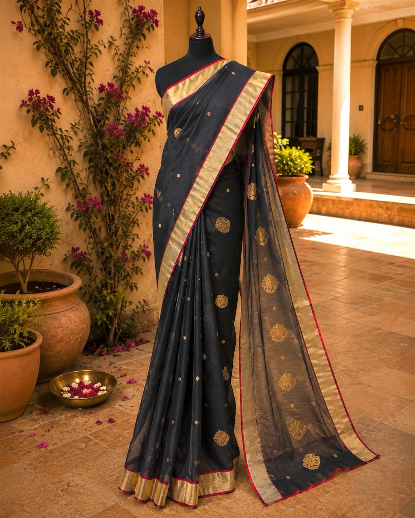 Chanderi Pure Handloom Cotton Silk Saree- Black