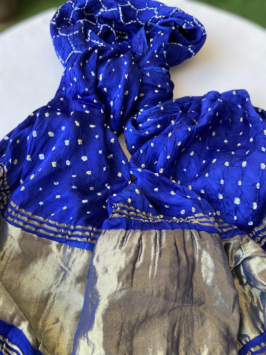 Blue- Pure Modal Silk Hand Bandhej Dupatta with Lagdi Patta