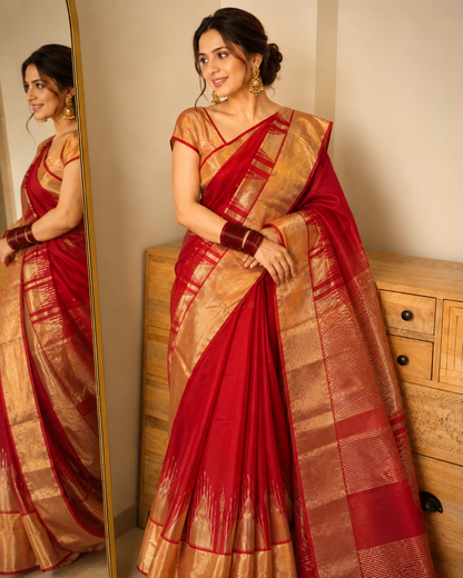 Deep Red Pure Handloom Chanderi Silk Saree with temple motif