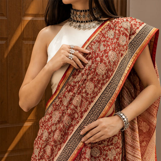 Pure Chanderi Silk Handblock Print Saree- Red