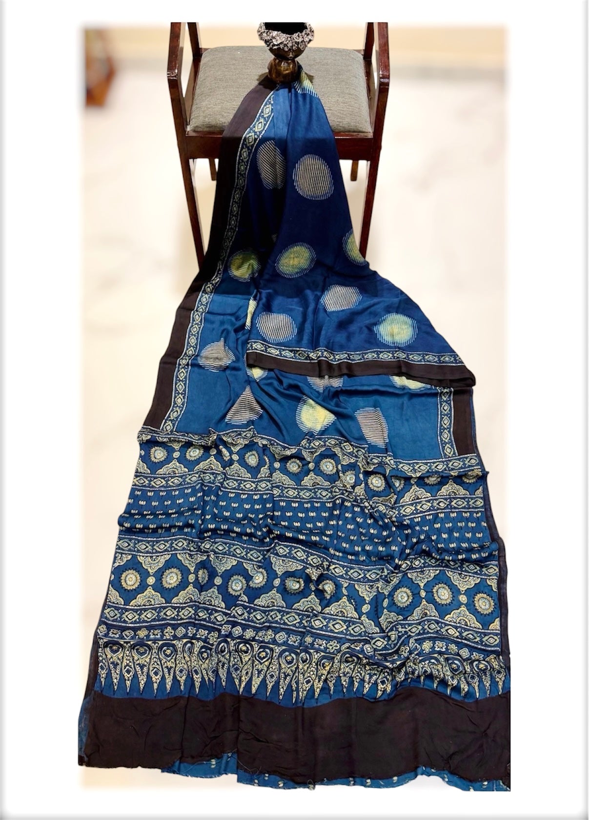Pure Modal Silk Ajrakh Handblock print Saree- Indigo