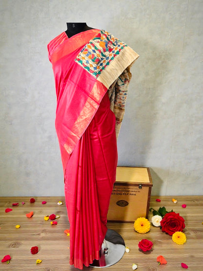 Rani Pink Pure Bapta Silk with Ghicha Madhubani work Saree