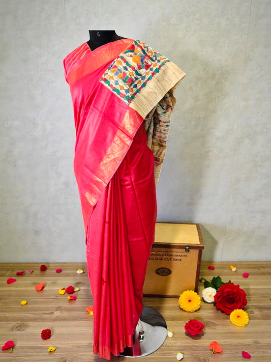 Rani Pink Pure Bapta Silk with Ghicha Madhubani work Saree