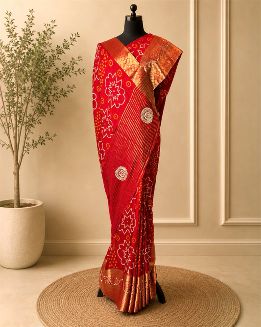 Red Bandhani Pure Dola Silk Cutdana Handwork Saree