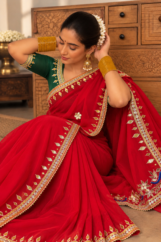 Red Pure Chiffon Zero HandGotta Patti Work Saree