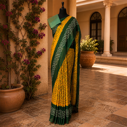 Rajputi Chiffon Bandhani Saree- Green Yellow