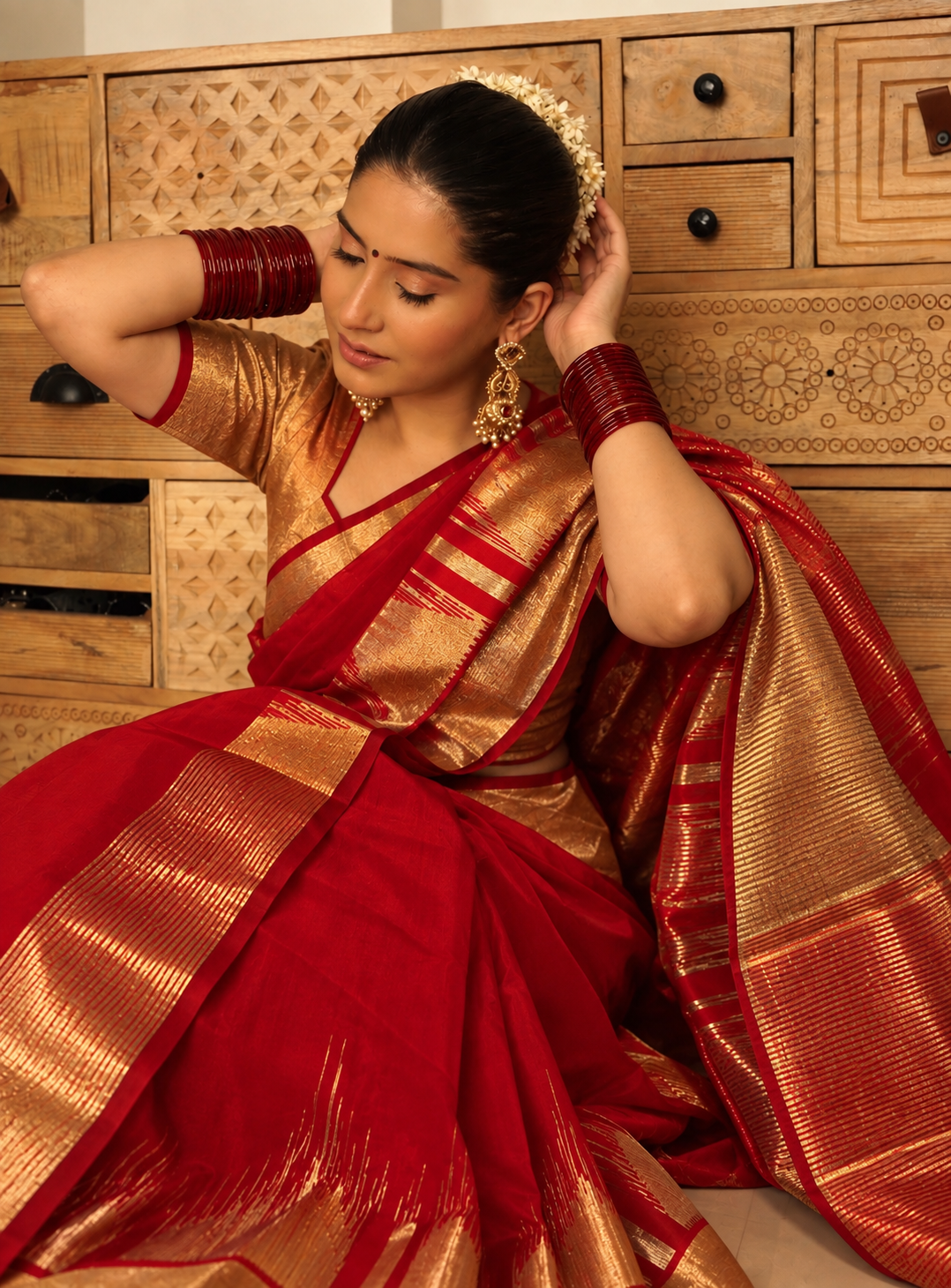 Deep Red Pure Handloom Chanderi Silk Saree with temple motif