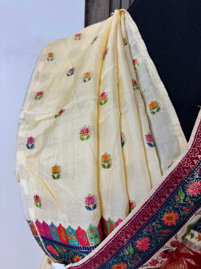 Cream Kashmiri Jamawar Kani Hand Woven Silk Saree