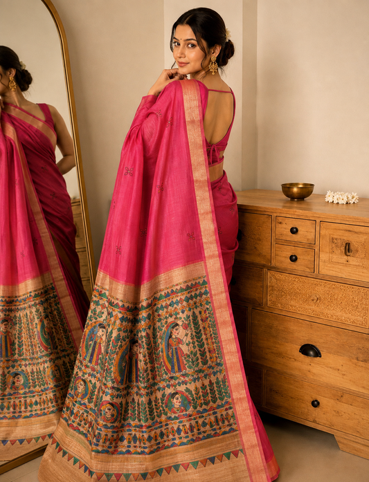 Rani Pink Pure Bapta Silk with Ghicha Madhubani work Saree