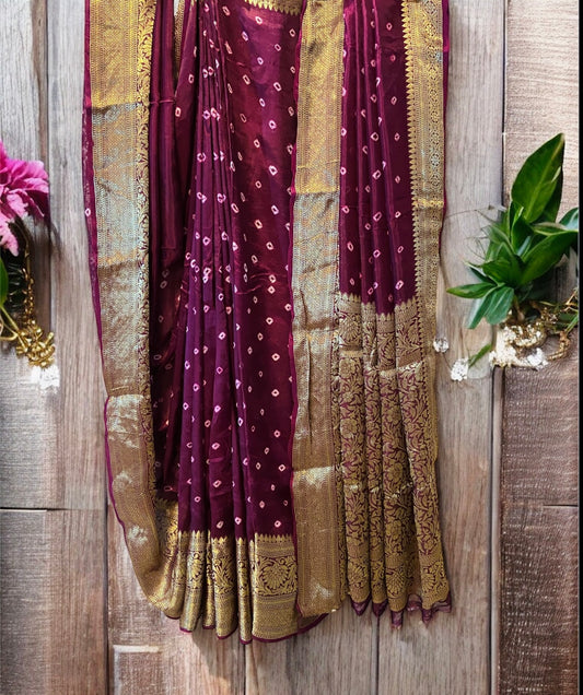 Wine Pure Dola Silk Bandhej Banarasi Saree