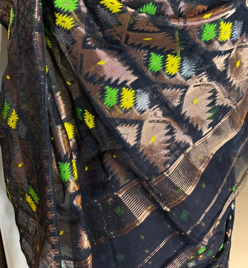 Resham Jamdani Handwoven Saree- Cooper Black